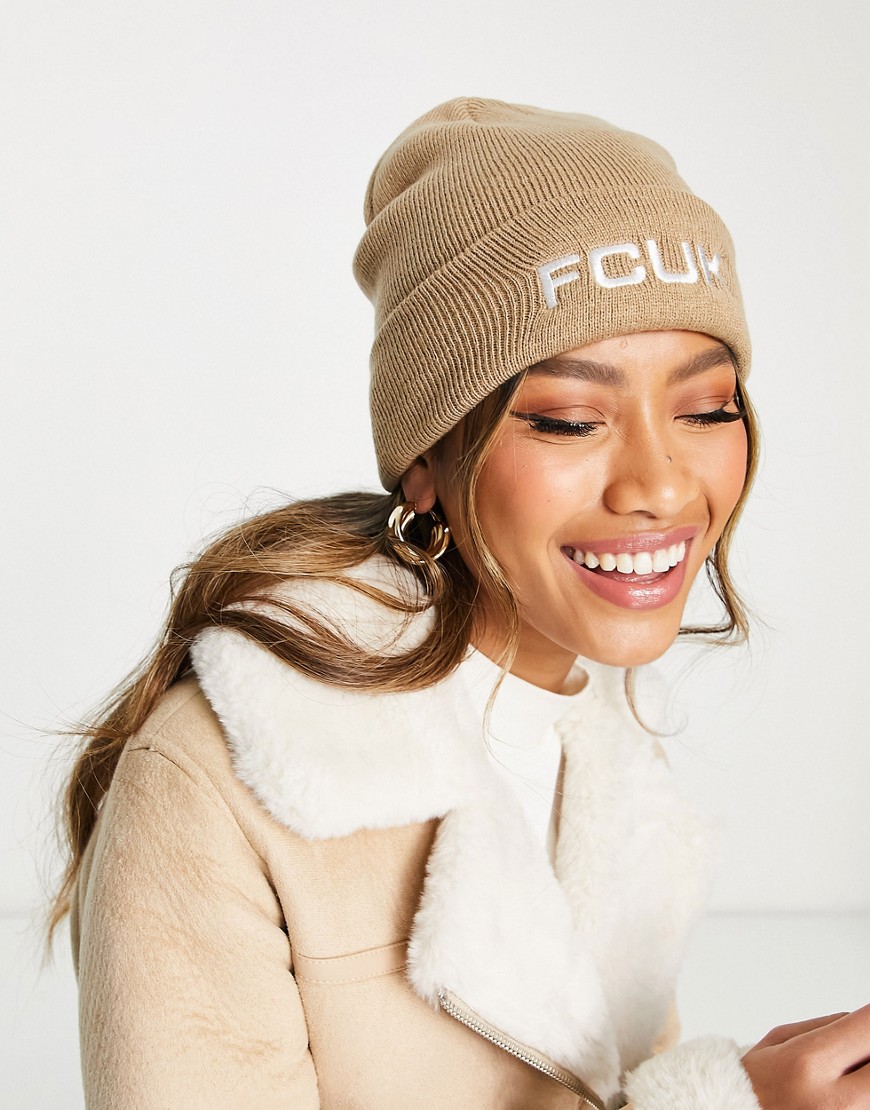 French Connection Fcuk Beanie Hat In Camel-neutral