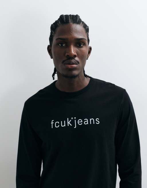 French Connection FCUK - camiseta de manga larga negra con logo script en vaquero, 3 de 5