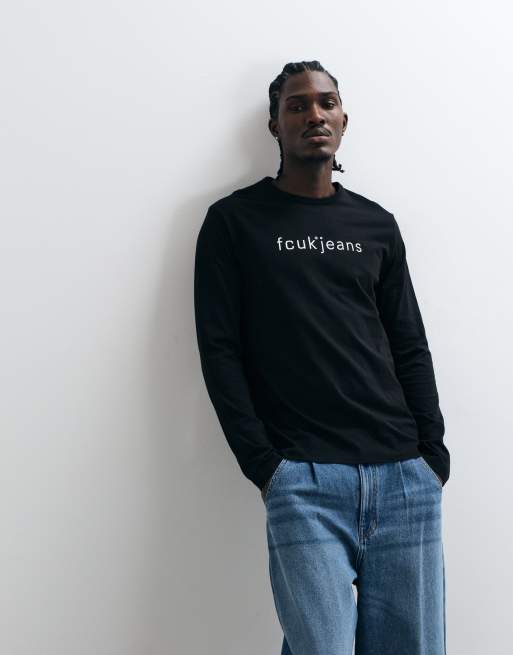 French Connection FCUK jeans script logga långärmad t-shirt i svart, 4 av 5