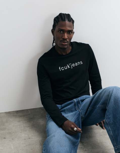 French Connection FCUK Jeans-Shirt mit Schriftzug, langärmlig, in Schwarz - view 1