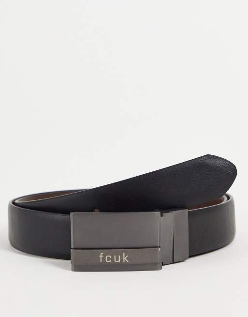 French Connection FCUK leather reversible plaque buckle belt in black brown