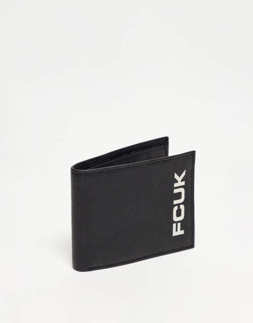 French Connection - FCUK - Leren portemonnee met groot logo in zwart