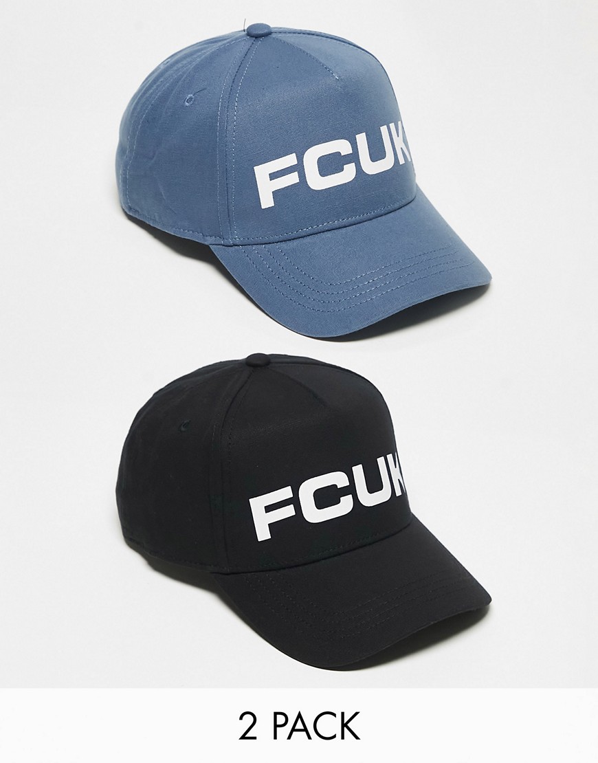 French Connection FCUK logo cap 2 pack in black and light blue-Multi