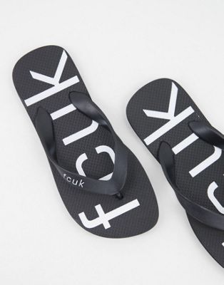 French Connection FCUK logo flip flops in black and white