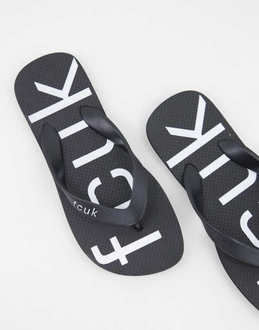 French Connection FCUK logo flip flops in black and white