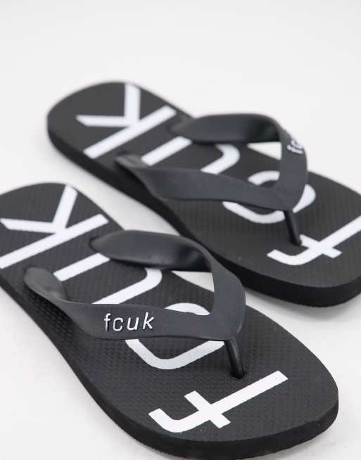 French Connection FCUK logo flip flops in black and white