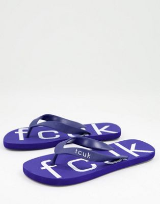 French Connection FCUK logo flip flops in bright blue and white