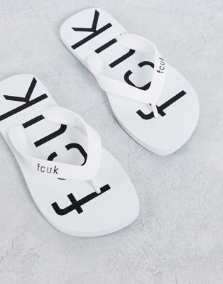 French Connection FCUK logo flip flops in white and black