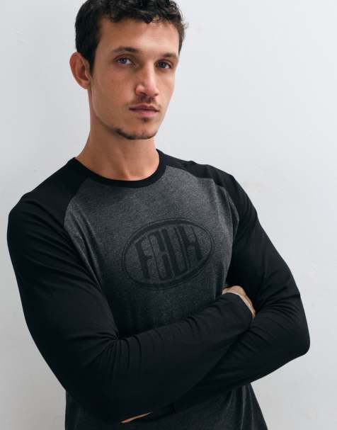 French Connection FCUK logo raglan long sleeve t-shirt in black & gunmetal - view 1