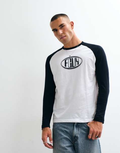 French Connection FCUK logo raglan long sleeve t-shirt in white & navy - view 1