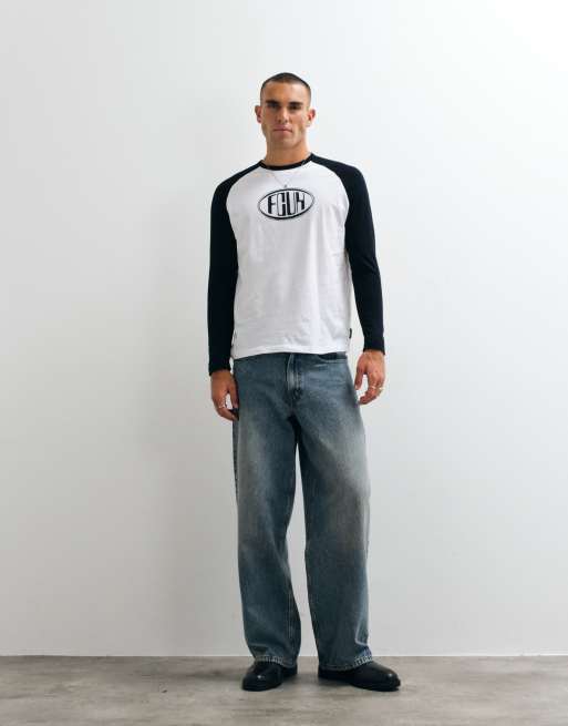 French Connection FCUK logo raglan long sleeve t-shirt in white & navy, 4 of 5