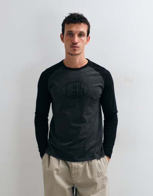 French Connection FCUK logo t-shirt a maniche lunghe raglan nera e gunmetal, 5 di 5