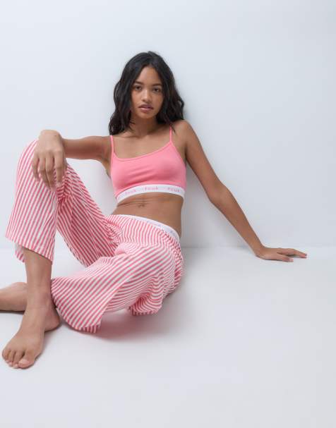 French Connection FCUK logo waist stripe trouser pyjama set in pink - view 1