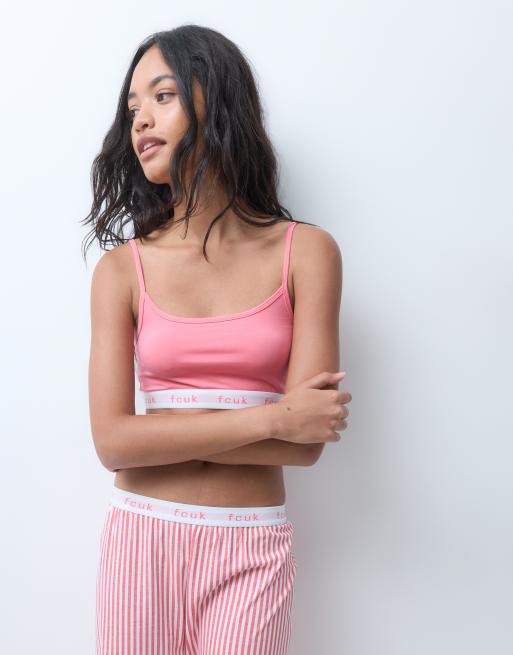 French Connection FCUK logo waist stripe trouser pyjama set in pink, 4 of 5