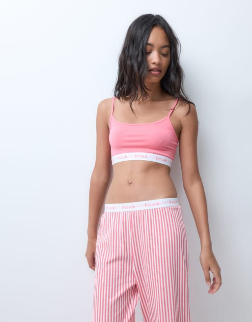 French Connection FCUK logo waist stripe trouser pyjama set in pink, 5 of 5
