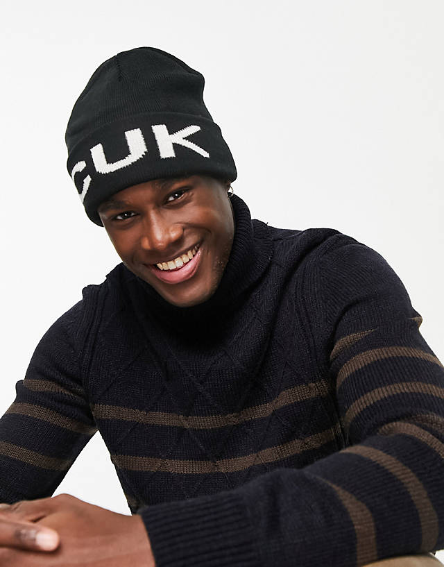 French Connection - fcuk ribbed beanie hat in black