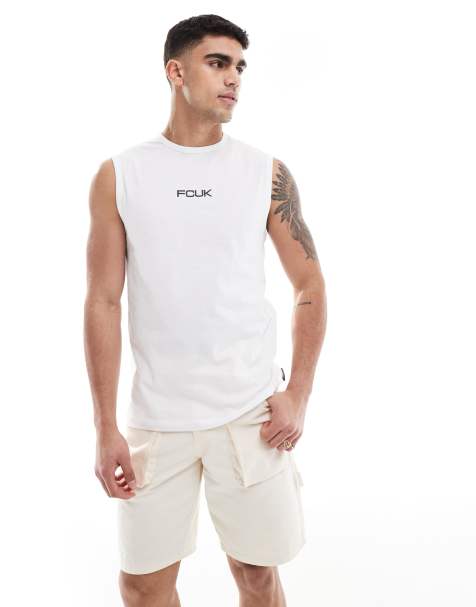 French Connection FCUK sleeveless t-shirt vest in white with black logo - view 1