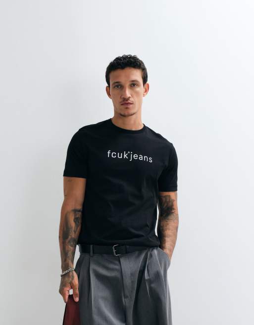 French Connection - FCUK - T-shirt nera con grafica di jeans, 4 di 5