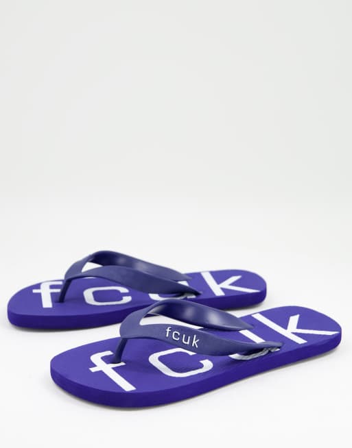 French Connection - FCUK - Teenslippers met logo in felblauw en wit