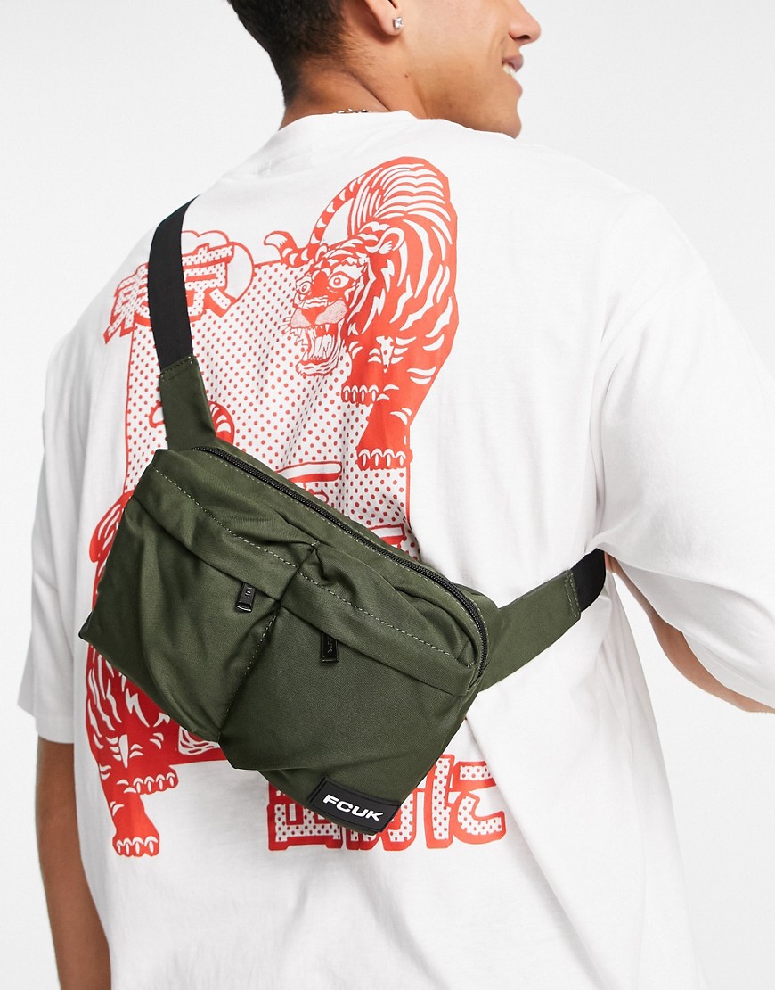 French Connection FCUK twin pocket fanny pack in khaki-Green