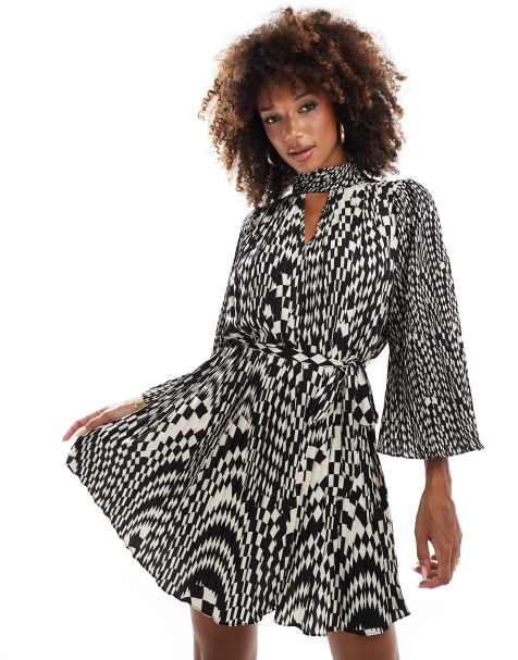 French Connection Fern high neck pleated mini dress with tie waist in mono print  - view 1