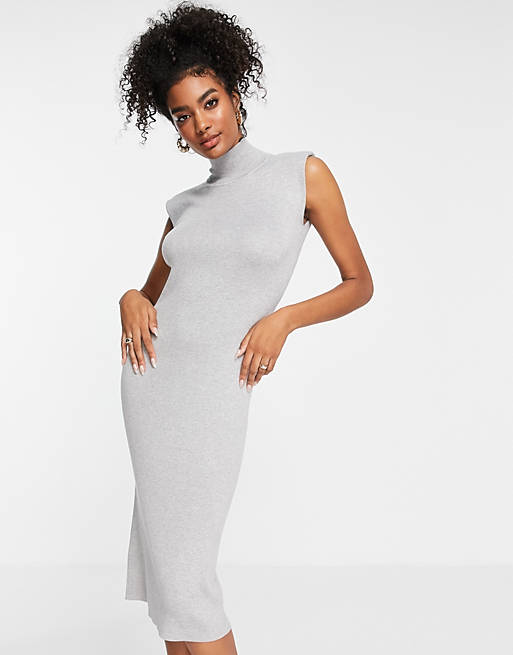 French Connection fitted shoulder midi dress in grey