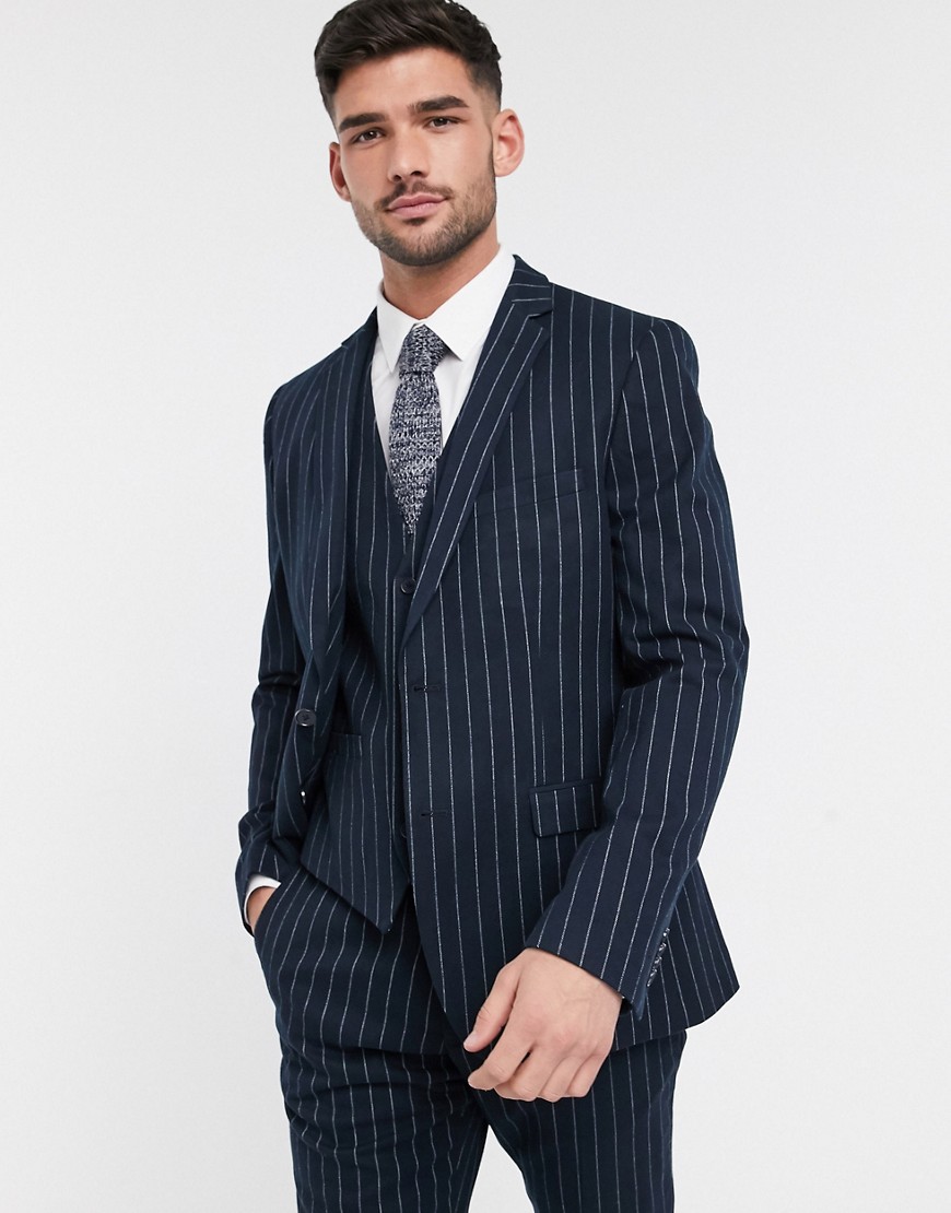 French Connection flannel chalk stripe slim fit suit jacket-Navy