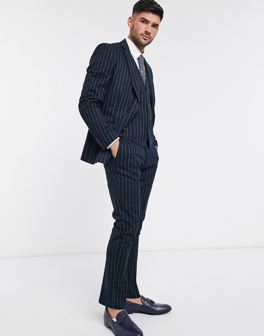 French Connection flannel chalk stripe slim fit suit trousers-Navy
