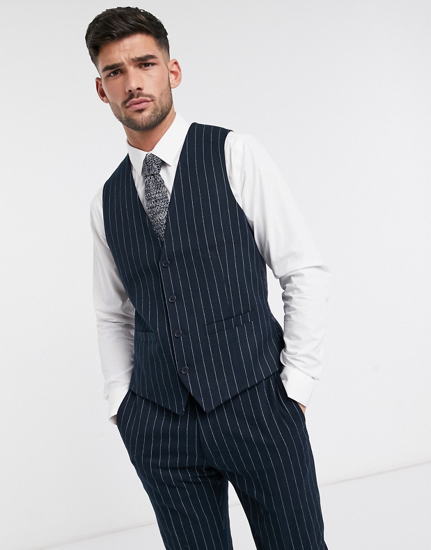 French Connection flannel chalk stripe slim fit waistcoat-Navy