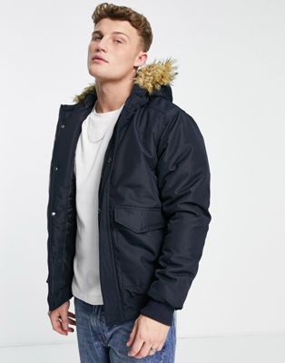 French Connection flight jacket with faux fur hood in navy