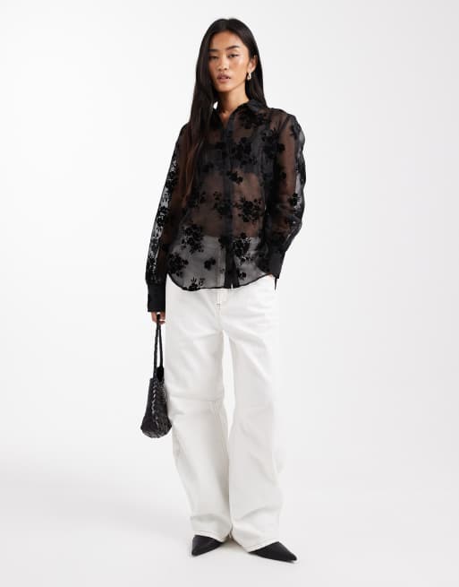 French Connection flocked sheer organza shirt in black, 2 of 4