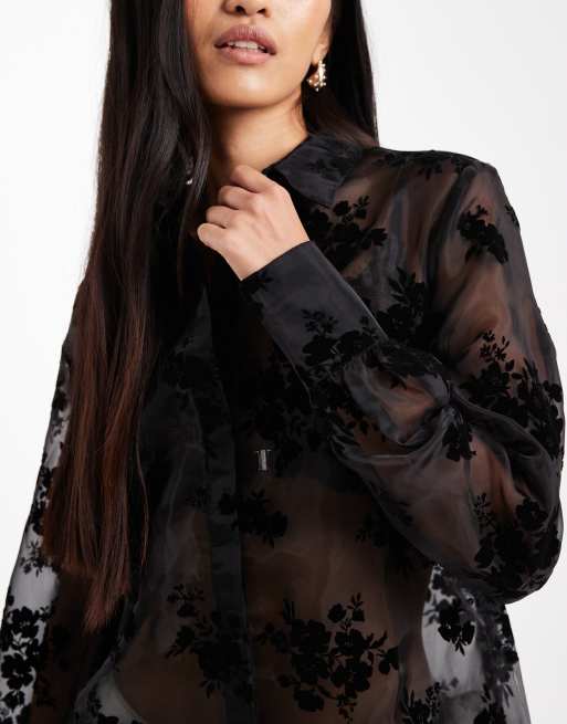 French Connection flocked sheer organza shirt in black, 3 of 4
