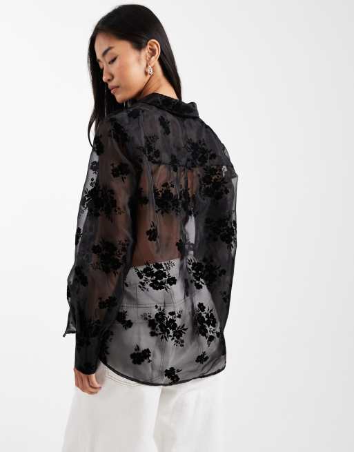 French Connection flocked sheer organza shirt in black, 4 of 4