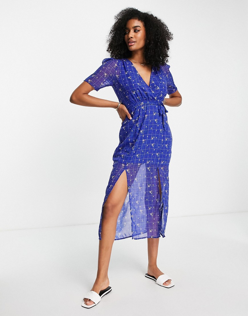 French Connection floral check print midi tea dress in blue