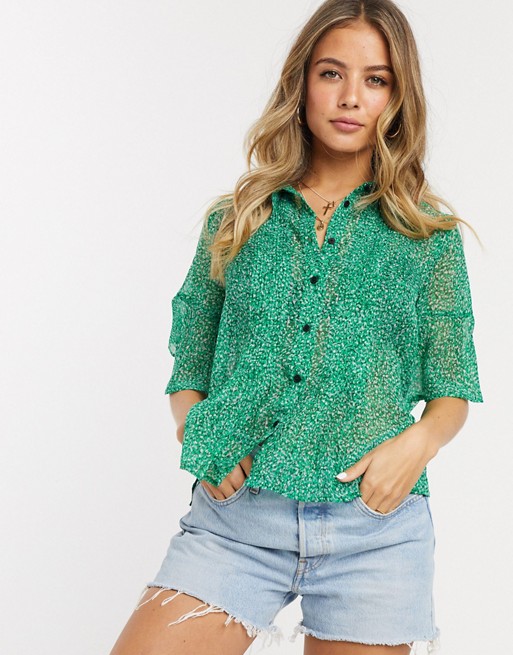 French Connection floral pintuck shirt in bright green