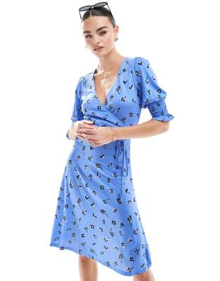 French Connection floral print jersey wrap dress in blue-Multi