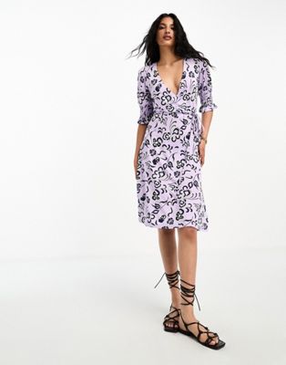 French Connection floral print jersey wrap dress in purple