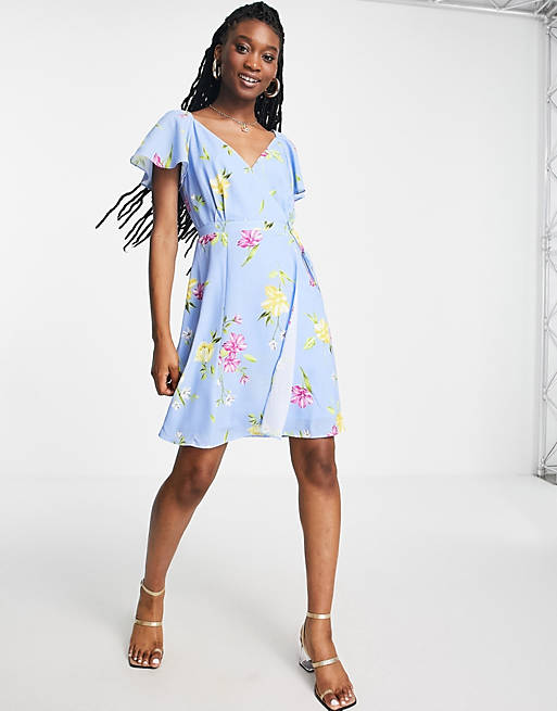French Connection floral tie sleeve mini dress in blue