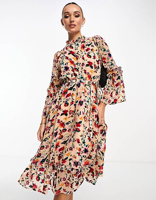 French Connection floral velvet burnout ruffle midi dress in almond | ASOS