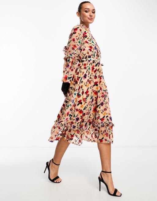 French Connection floral velvet burnout ruffle midi dress in almond | ASOS