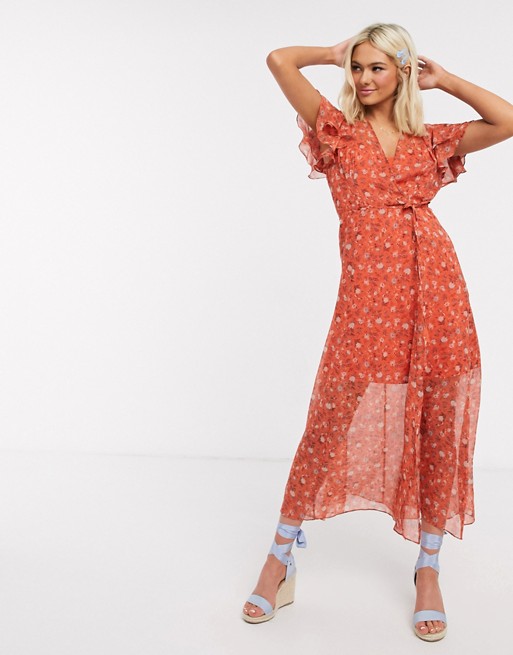 French Connection floral wrap maxi dress in orange