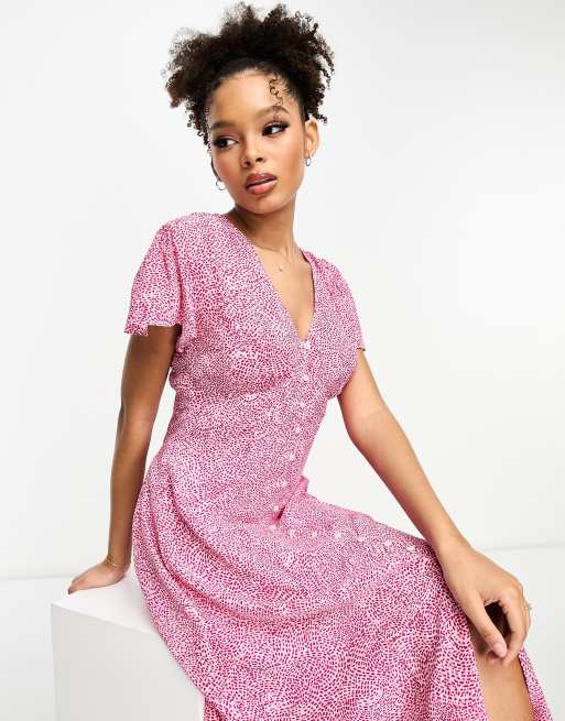 French Connection flutter sleeve button down midi dress in pink spot ASOS