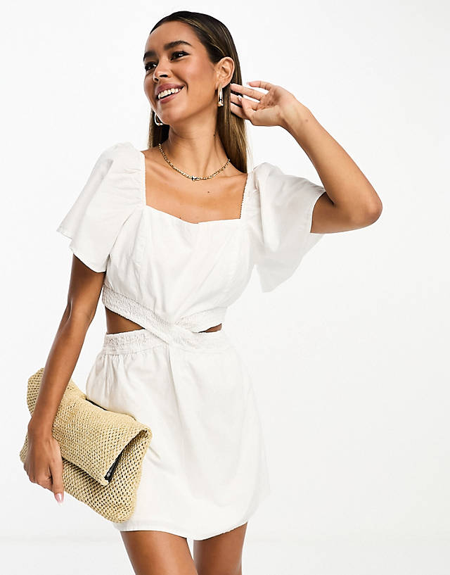 French Connection - flutter sleeve mini dress with open back in white linen
