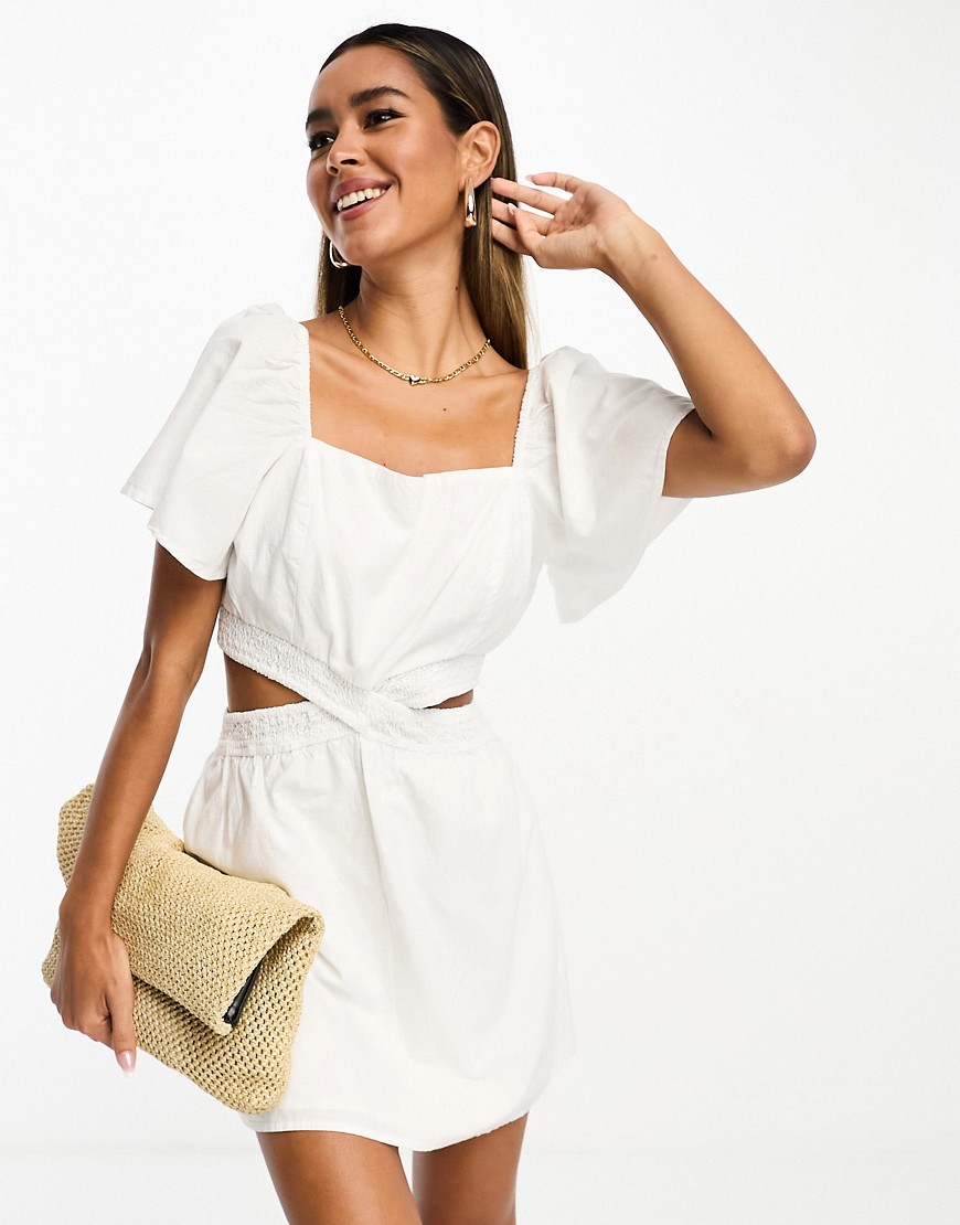 French Connection flutter sleeve mini dress with open back in white linen
