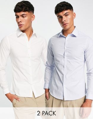 French Connection formal 2 pack shirts in white and blue - ASOS Price Checker