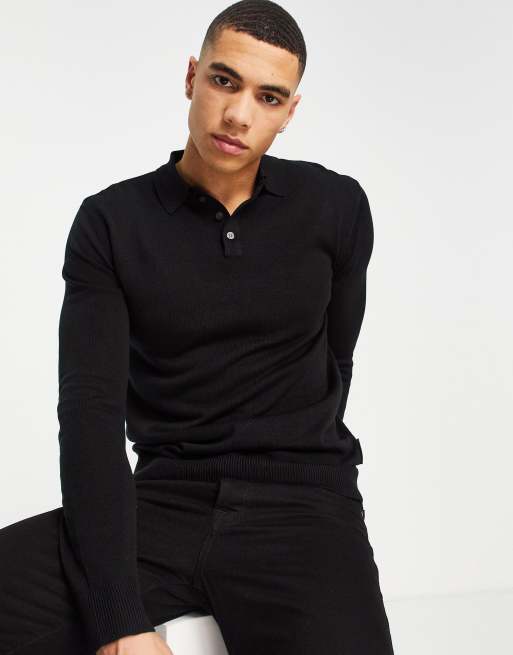 French Connection formal viscose long sleeve polo shirt in black | ASOS