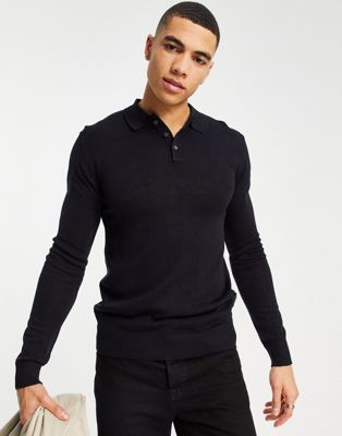 French Connection formal viscose long sleeve polo shirt in navy