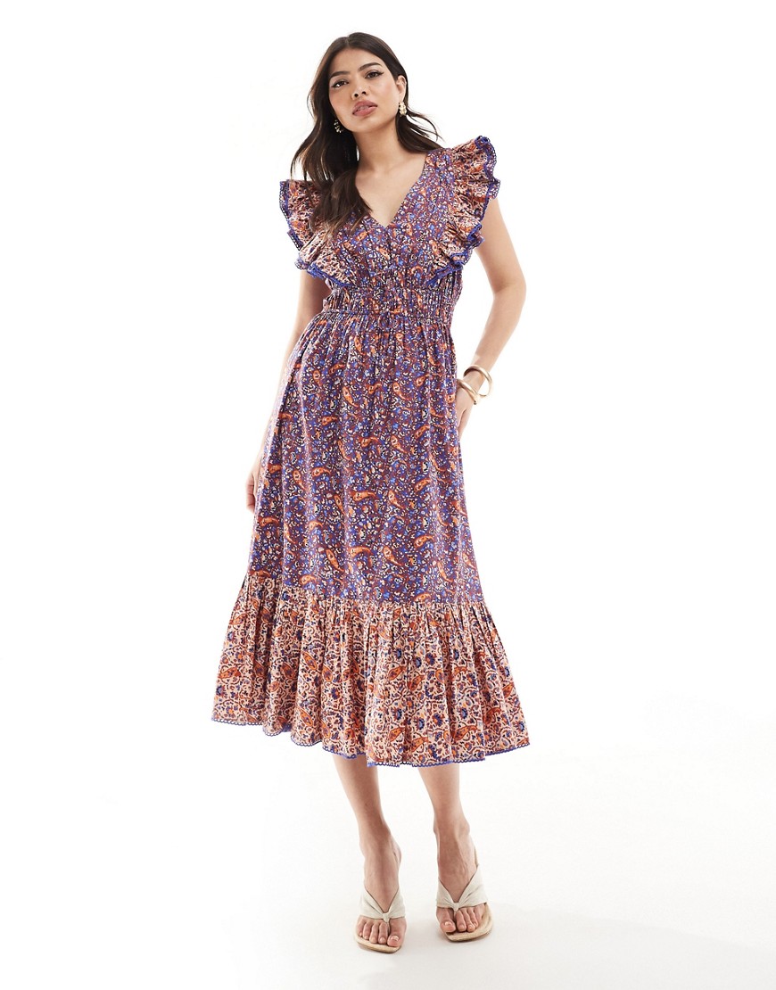 French Connection frill detail midi dress in blue paisley print