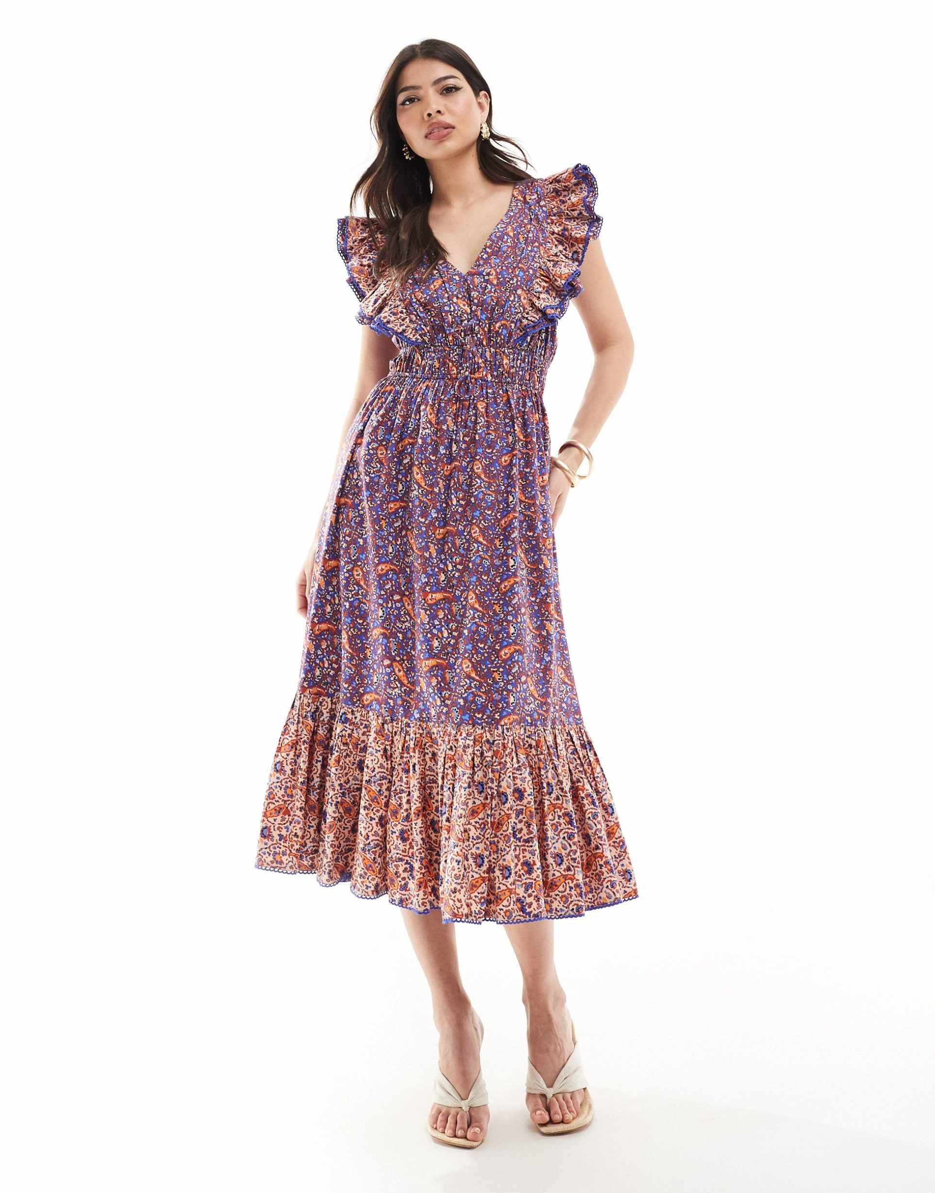 french connection frill detail midi dress in blue paisley print