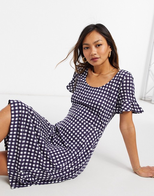French Connection frill sleeve gingham dress in blue